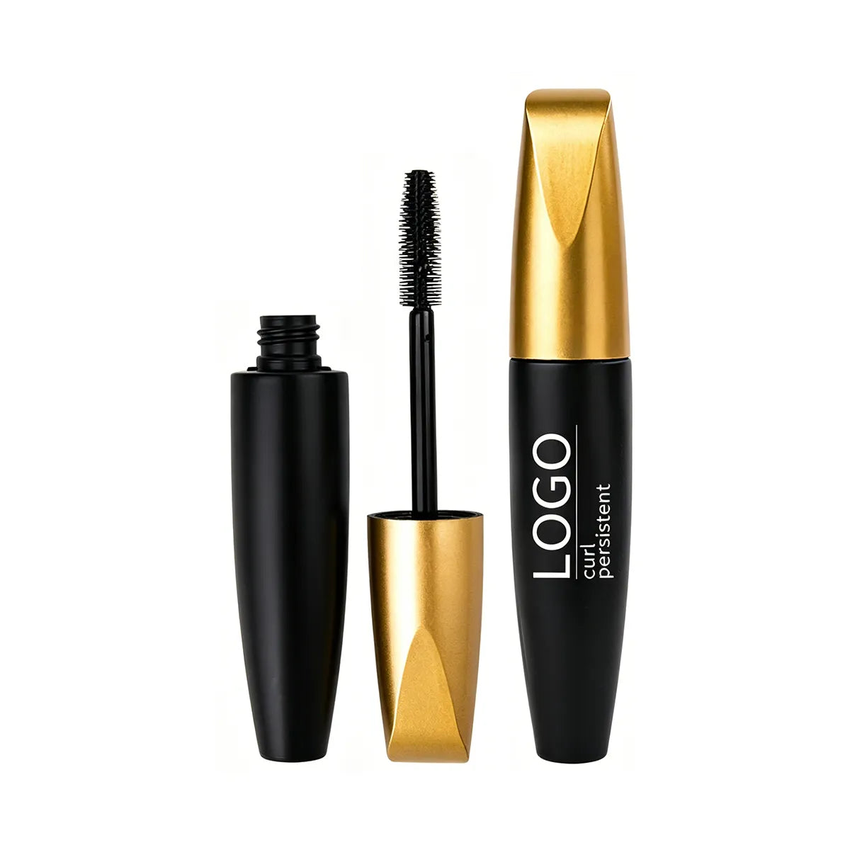 KAIYA mascara bottle with black body, gold cap and brush applicator for custom eye makeup packaging
