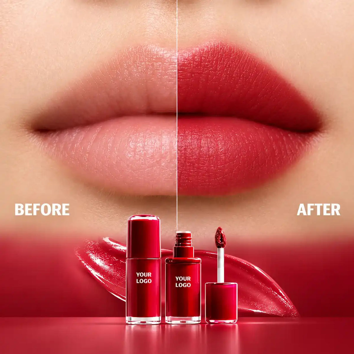 Matte plumping lip gloss with a deep red lip finish, a before-and-after comparison and matching applicator tubes.