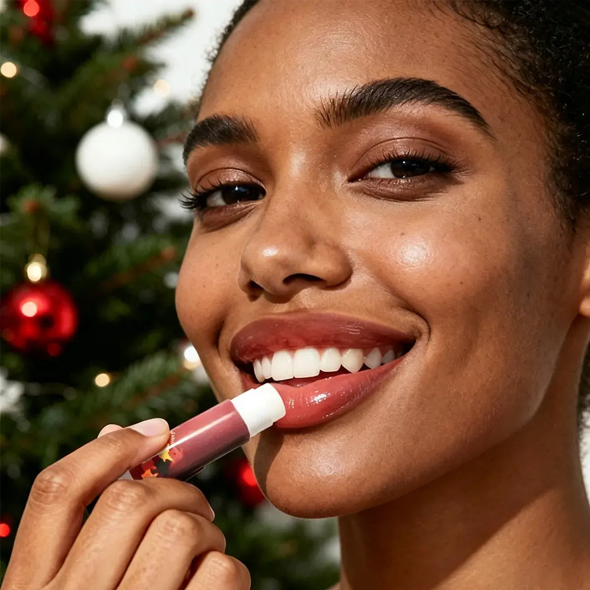 Model applying moisturizing lip balm for a smooth, softly conditioned finish.
