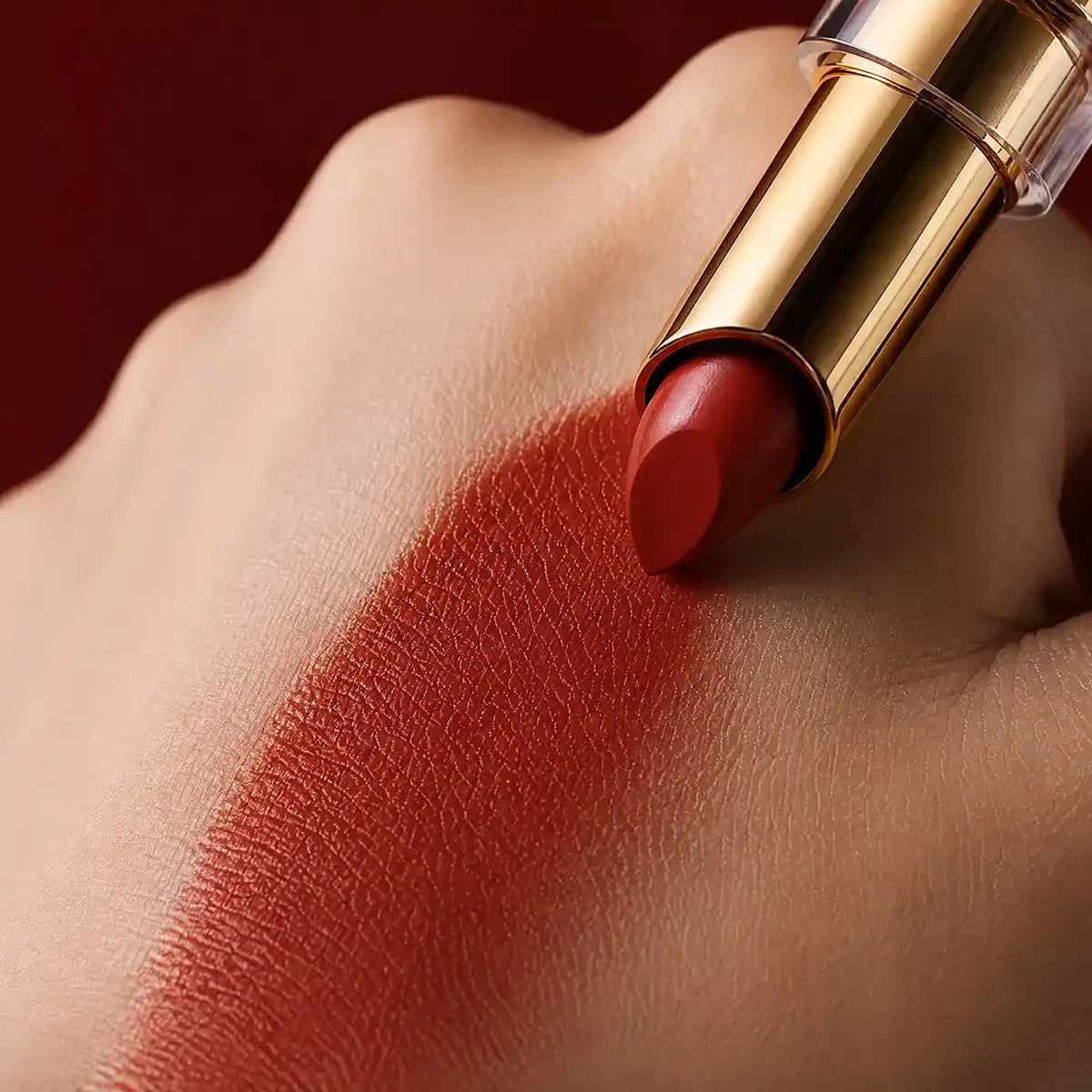Close-up red moisturizing lipstick swatch showing smooth glide and a soft satin sheen.