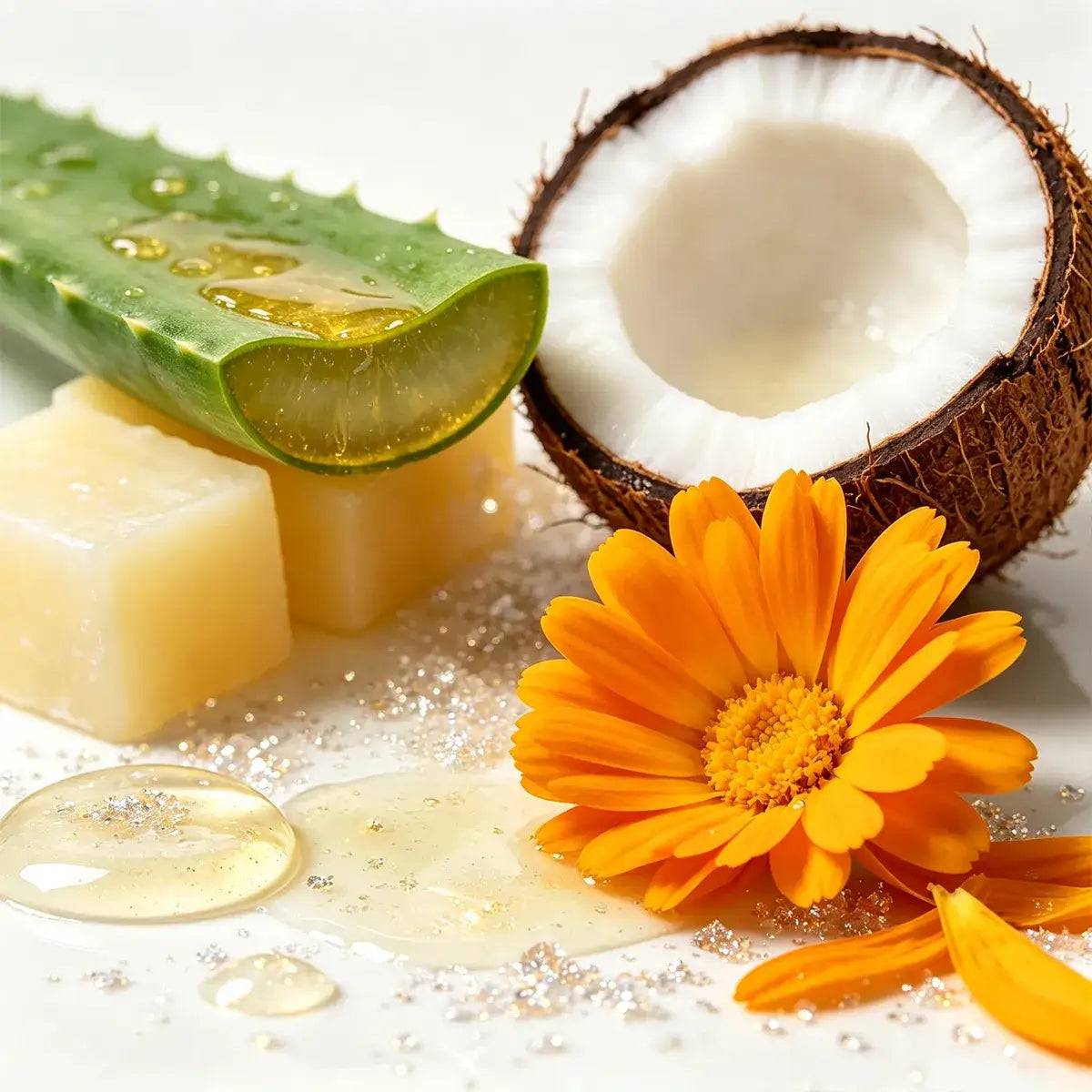 Aloe vera, coconut, calendula, plant butter and oils representing natural lip balm formulation ingredients.