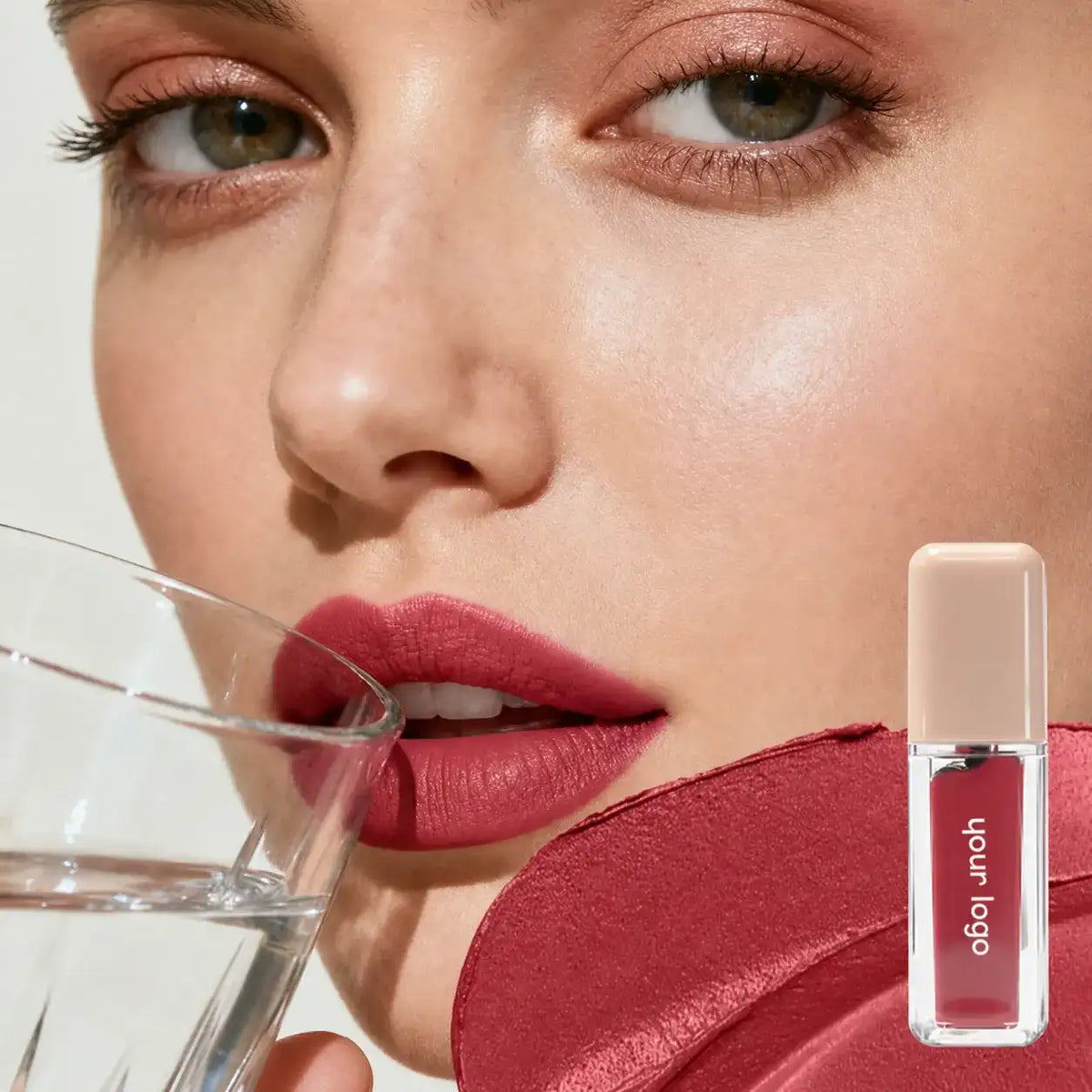 Non-transfer matte liquid lipstick shown beside a drinking glass for wear demonstration
