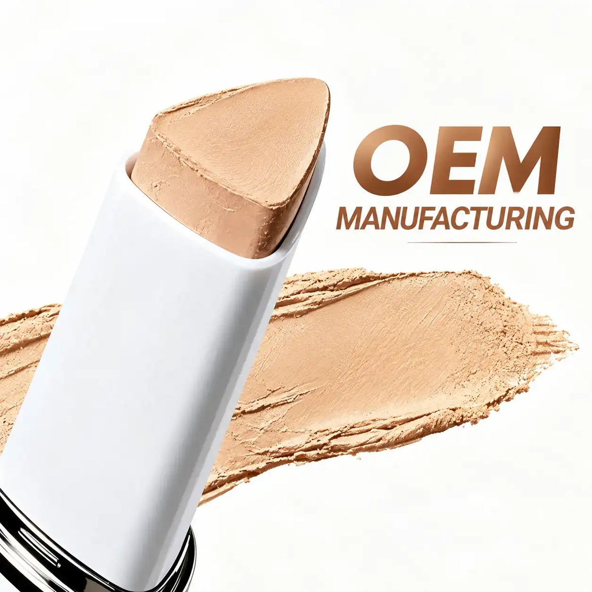 OEM concealer stick with a triangular beige cream tip and white container, illustrating KAIYA finished makeup manufacturing options.