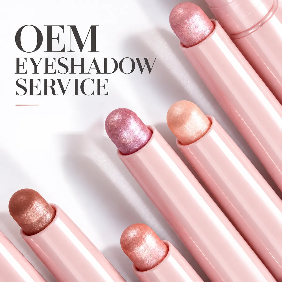 KAIYA OEM eyeshadow sticks in pink tubes, showing pearl-finish shades from champagne and rose to plum and brown.