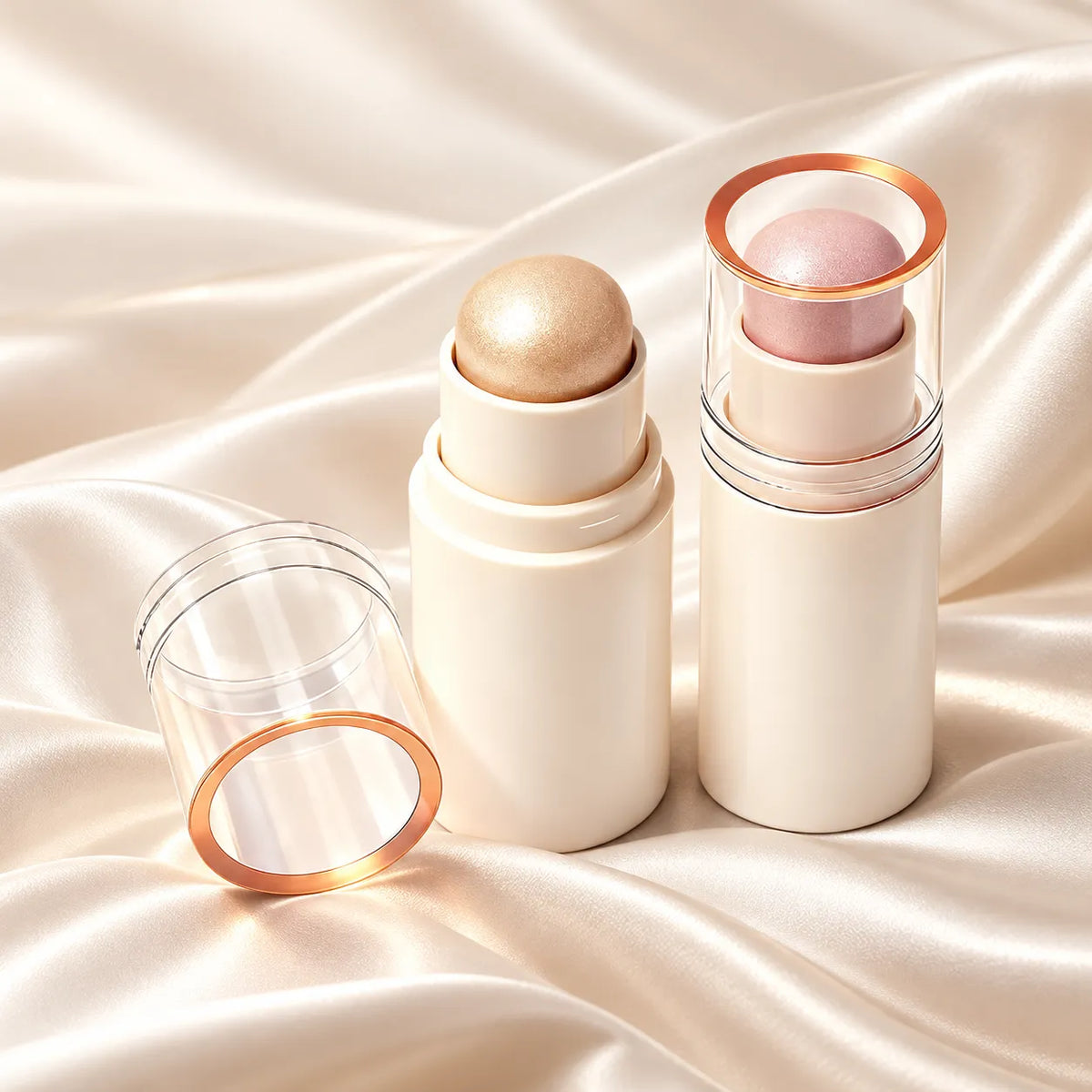 OEM highlighter sticks in ivory containers with gold and pink pearl shades and clear caps.