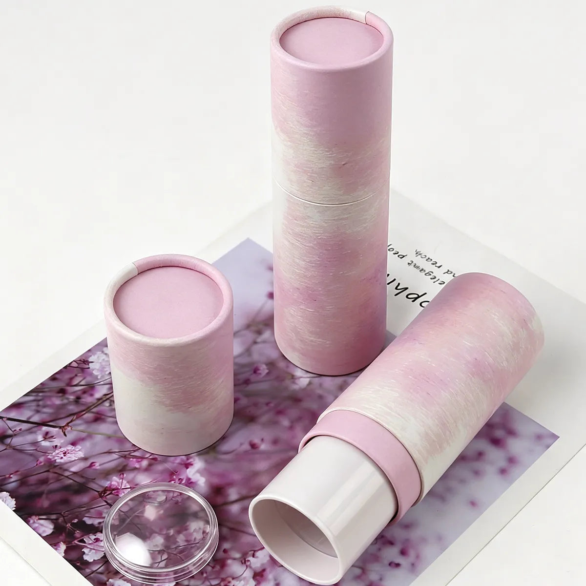 Kaiya paper tube cosmetic packaging for larger stick containers used in sunscreen, blush, contour, and solid color cosmetic products.
