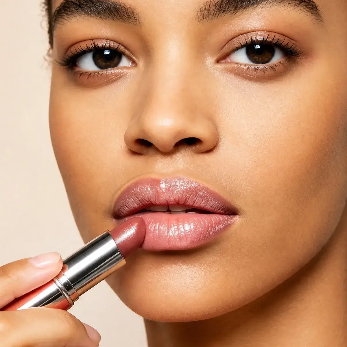 Model applying pearl color-changing lip balm with reflective shimmer and a soft responsive tint.