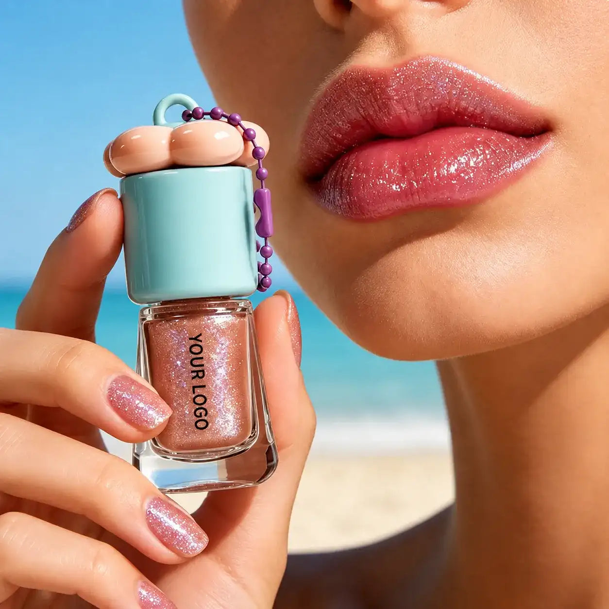 Pearlescent liquid lipstick showing rosy color with reflective shimmer on the lips