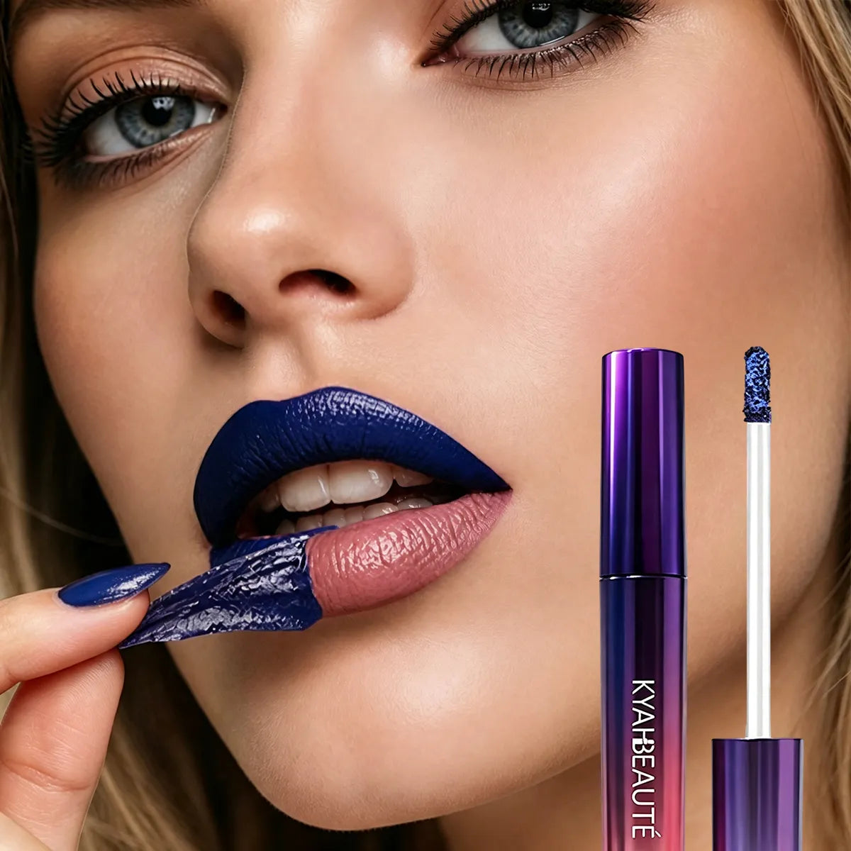 Blue peel-off lipgloss film being lifted from the lips beside a purple tube