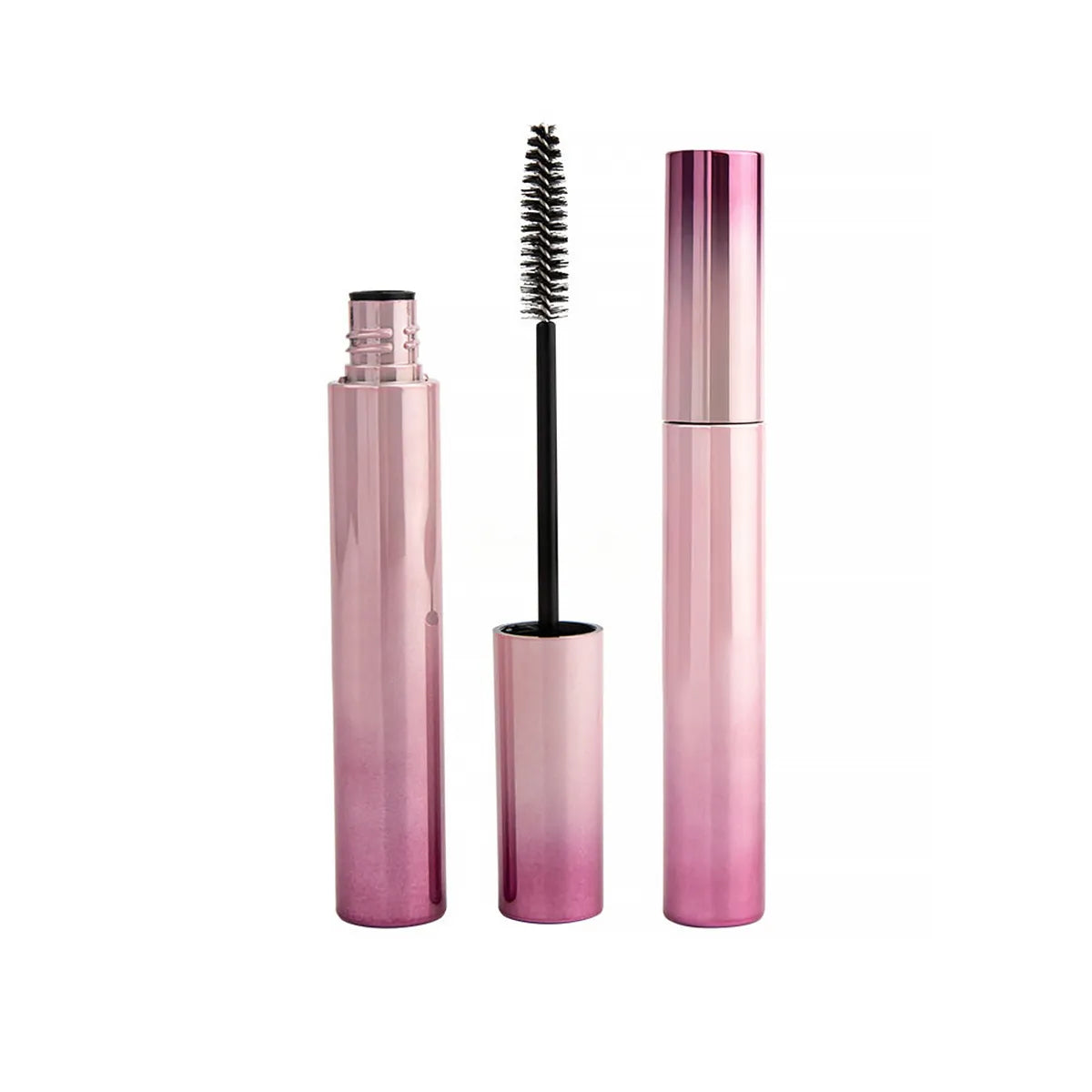 Kaiya pink metallic mascara tube with glossy pink finish, open brush applicator, and matching cap for custom mascara packaging.