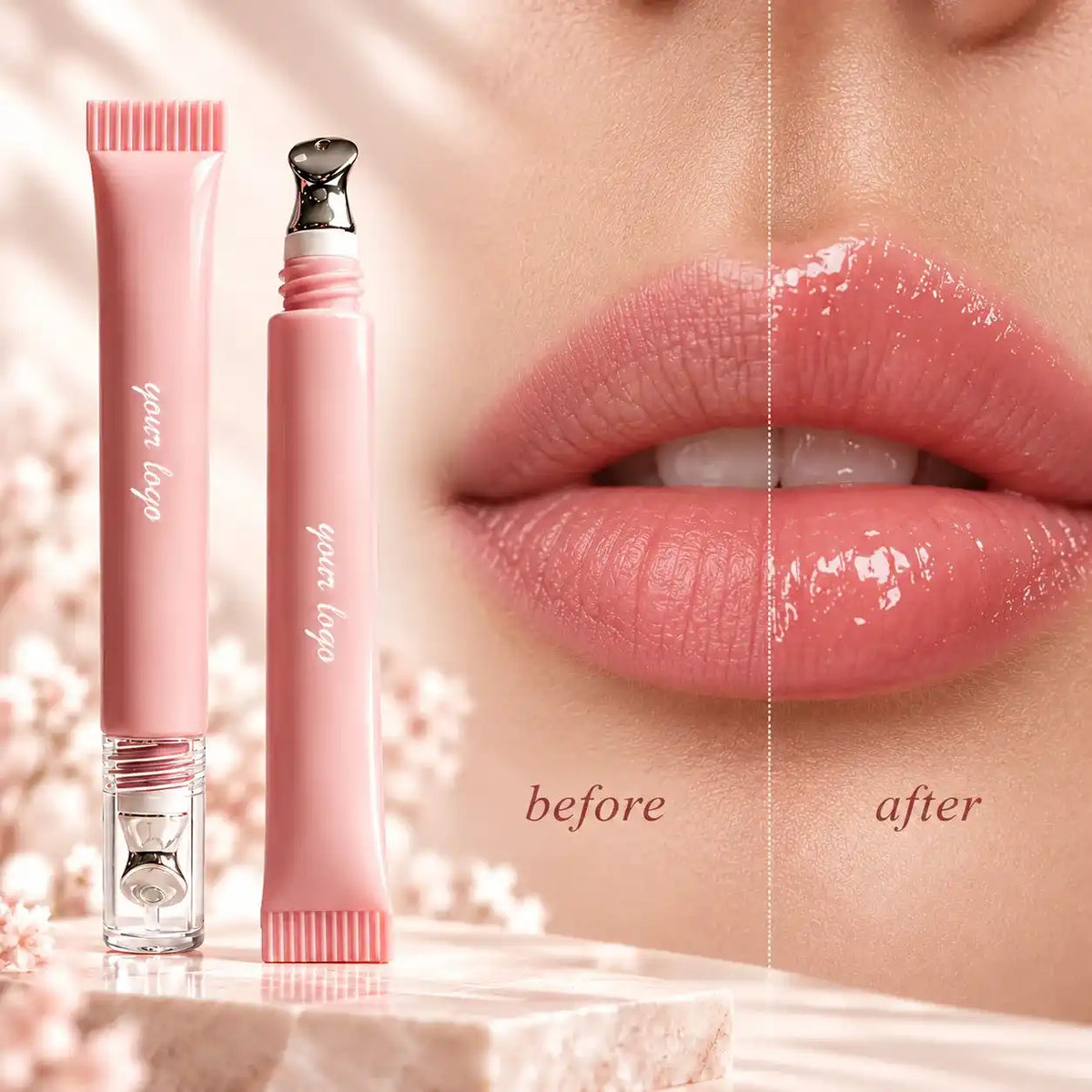 Plumping lip balm in pink slim tubes, shown beside a before-and-after comparison of lip color and shine.