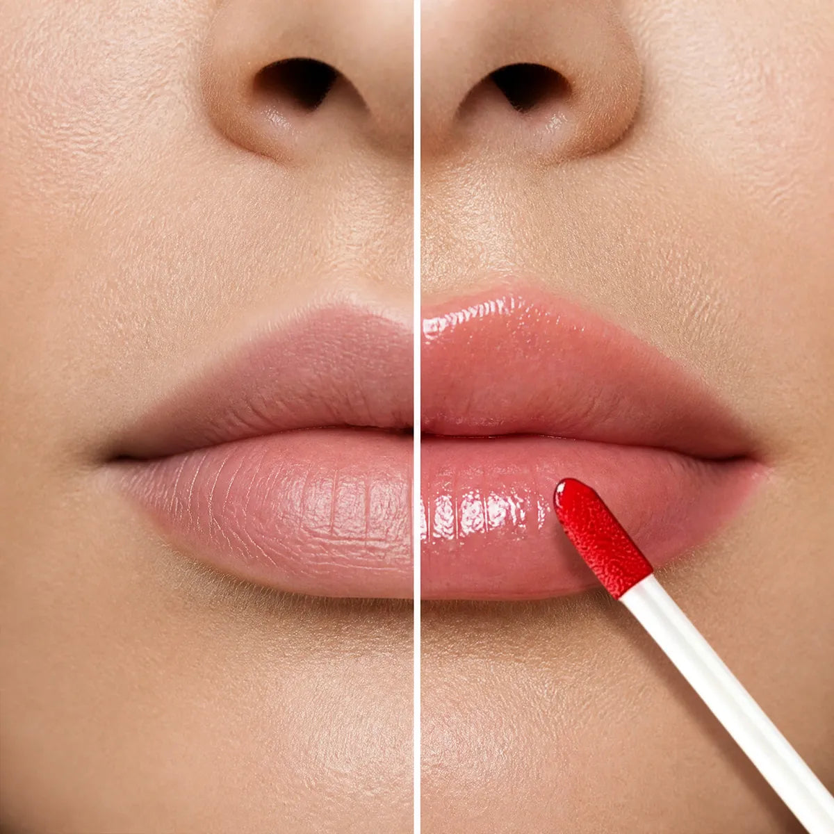 before-after.webpBefore-and-after plumping lip gloss effect with a glossy red applicator