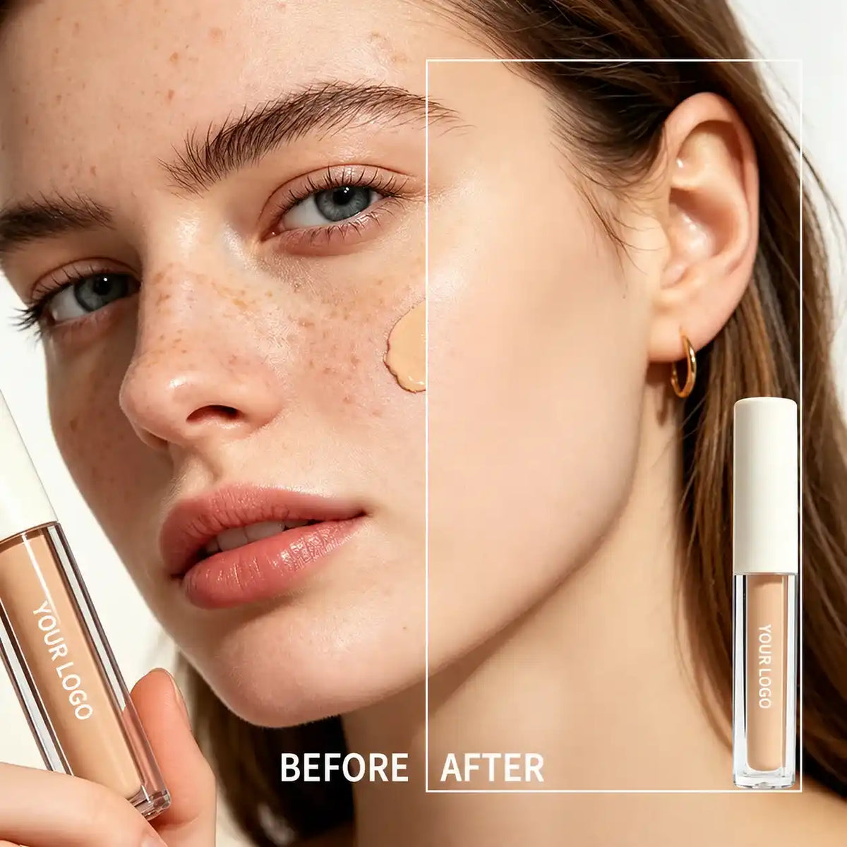 Private label concealer before and after comparison showing a model's uneven skin tone and a more even-looking makeup finish.