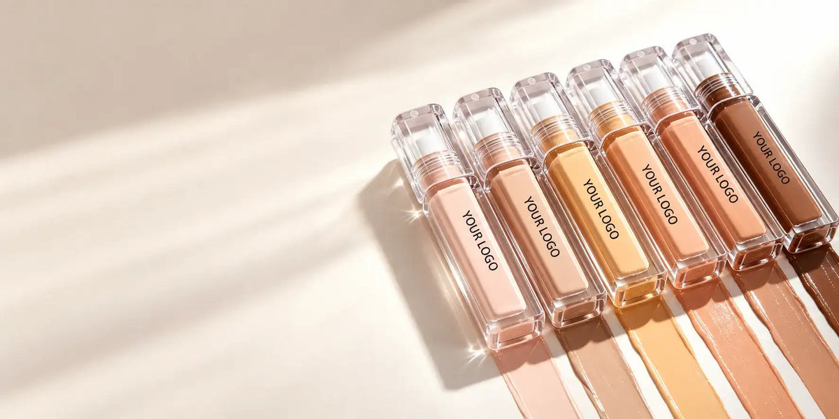 Private label concealer shade range featuring six liquid concealer bottles in light, medium and deep skin-tone colors for beauty brands.