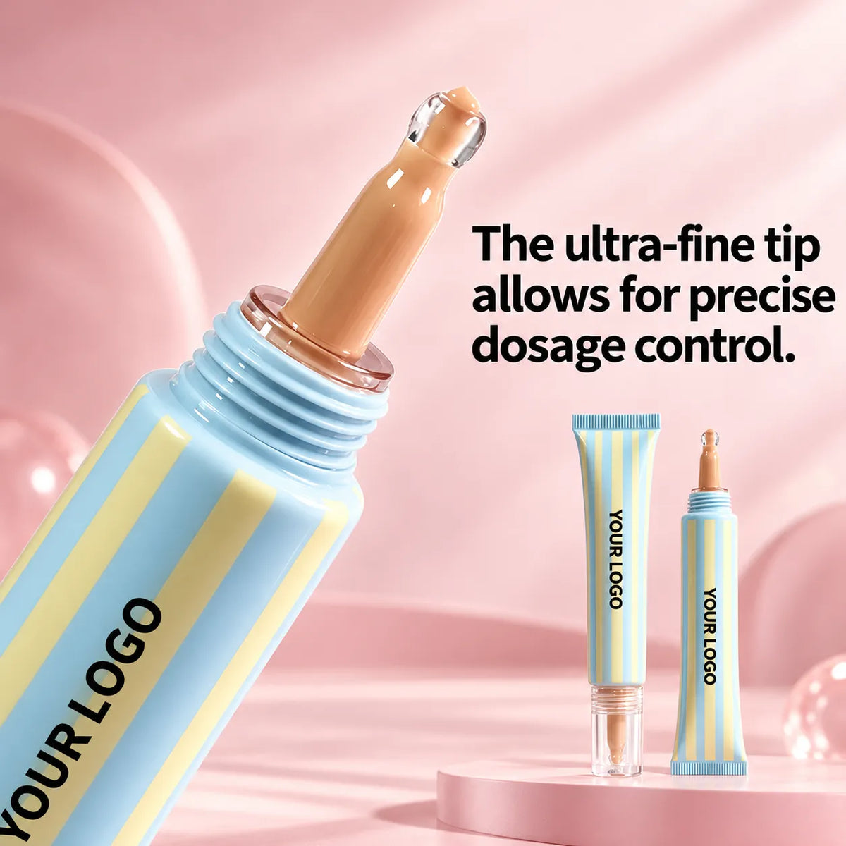 Private label concealer squeeze tubes with ultra-fine applicator tips for precise liquid concealer dispensing, featuring pastel striped designs by KAIYA. 