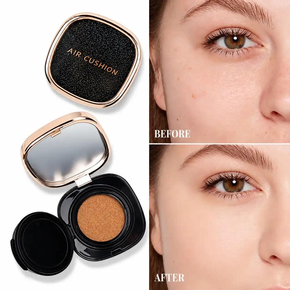 Private label foundation cushion with compact packaging and before-and-after complexion application example