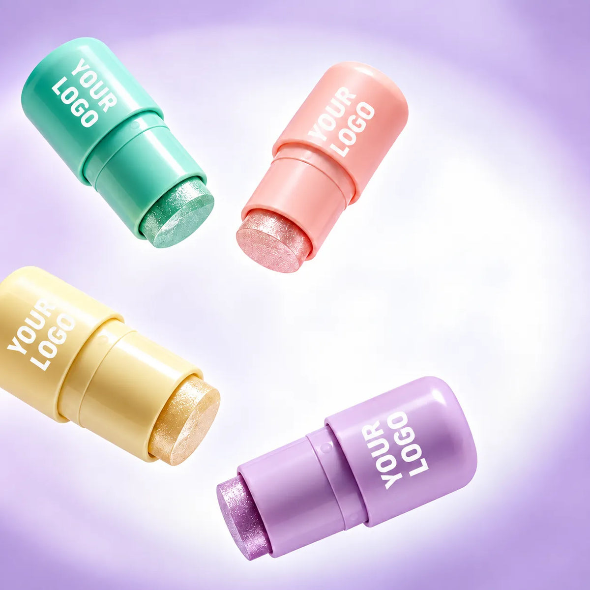 Four face highlighter stick options in mint, pink, yellow and lilac tubes with your-logo branding.