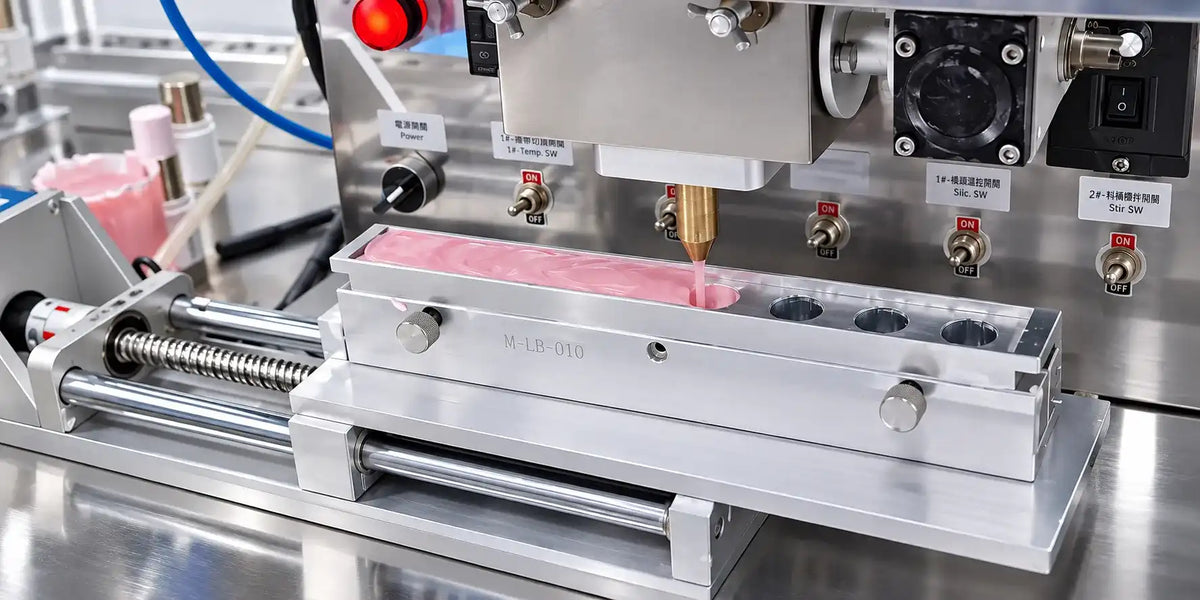 Pink highlighter formula being dispensed into a metal mold at KAIYA's private label highlighter manufacturing facility.