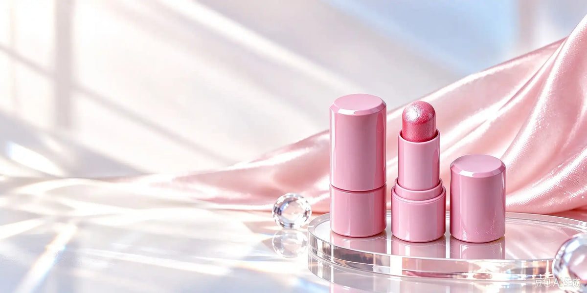 Pink shimmer private label highlighter stick in a glossy pink tube, displayed with its cap on a clear stand against satin fabric.