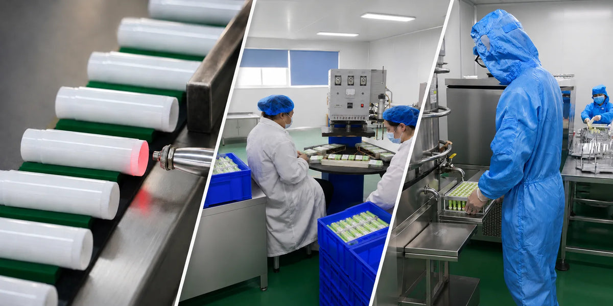KAIYA private label lip balm manufacturer showing lip balm filling, packing, and production processes inside a clean cosmetics factory
