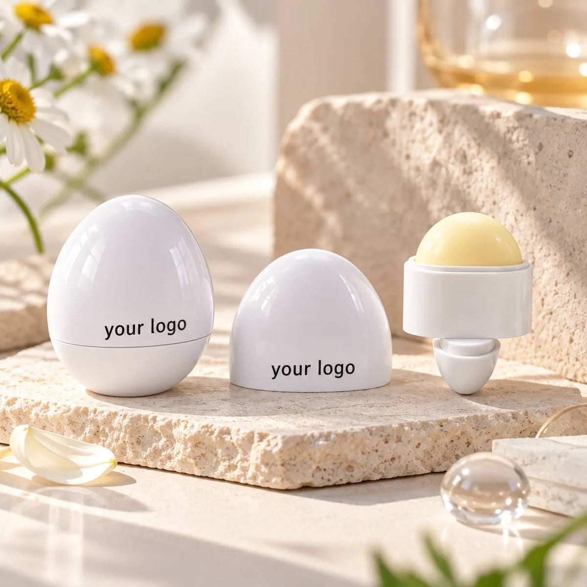 White oval private label lip balm containers with one open yellow dome balm