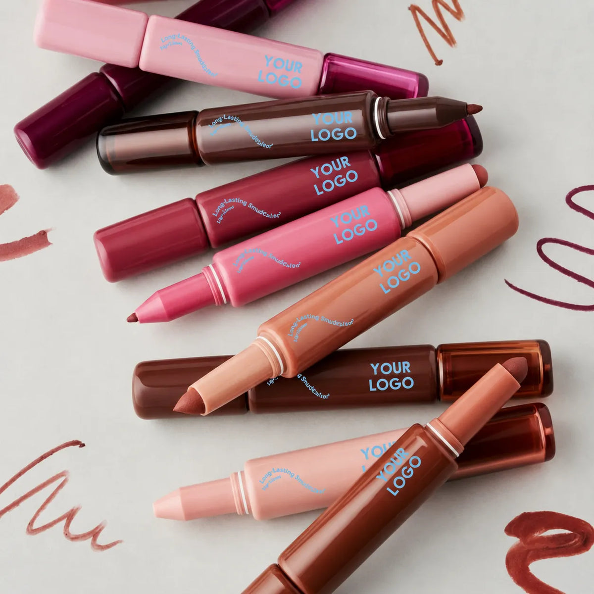 Kaiya private label lip liner collection with custom nude, brown, pink, red and berry shades for beauty brand projects.