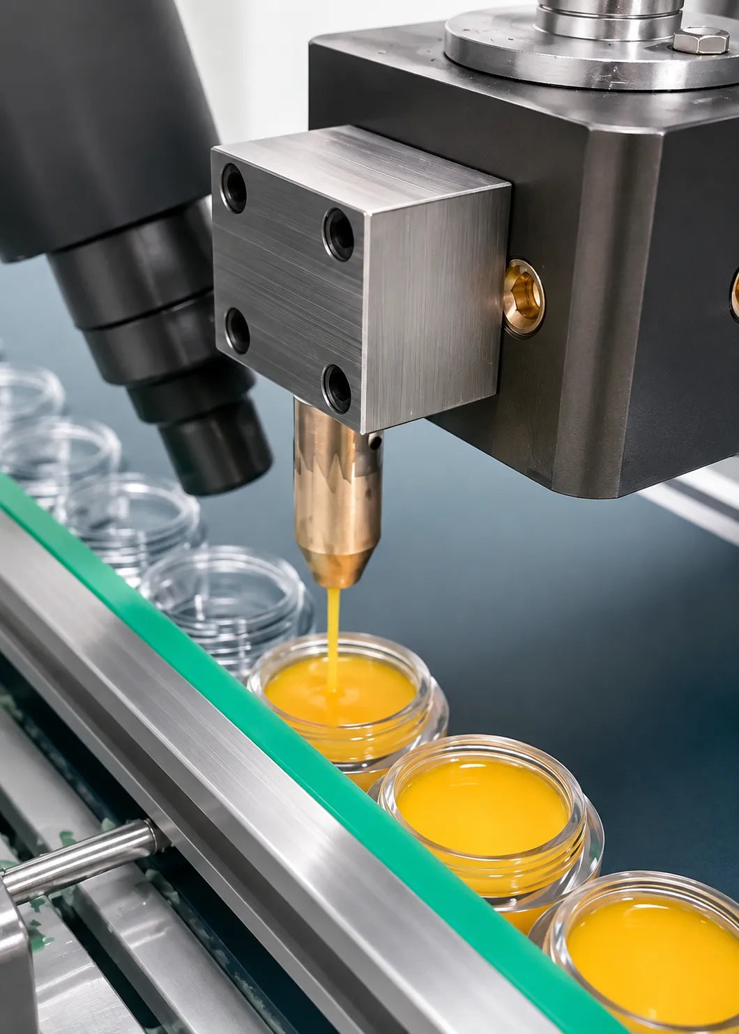 Private label lip mask filling process at KAIYA cosmetics factory, showing yellow lip mask formula being filled into jars.