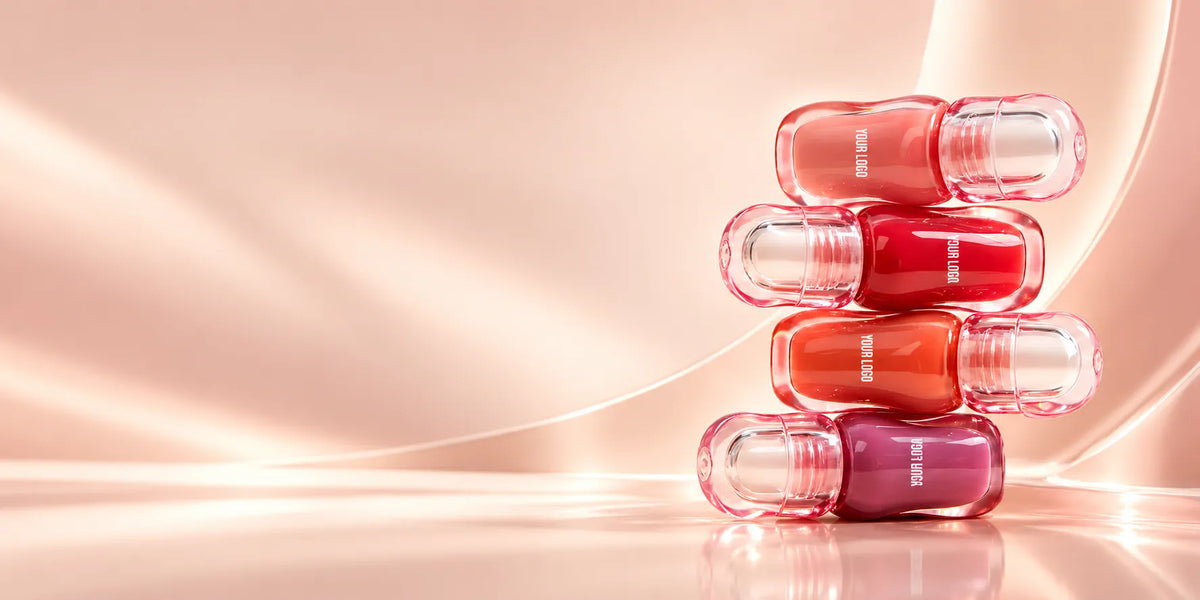 Private label lip plumper collection in four clear bottles with pink, red, coral and berry colors and YOUR LOGO labels.
