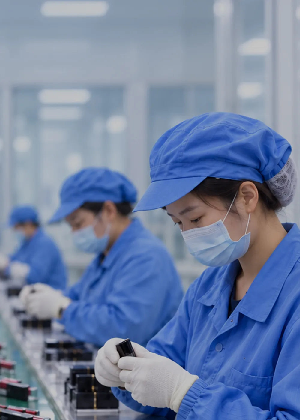 Workers at KAIYA, a private label lip plumper manufacturer, assembling product components on a cosmetics production line.