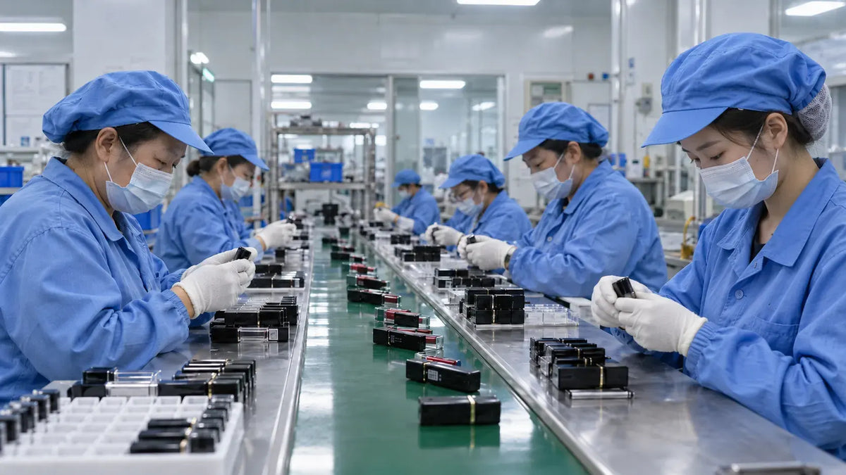 Workers at KAIYA, a private label lip plumper manufacturer, assembling product components on a cosmetics production line.