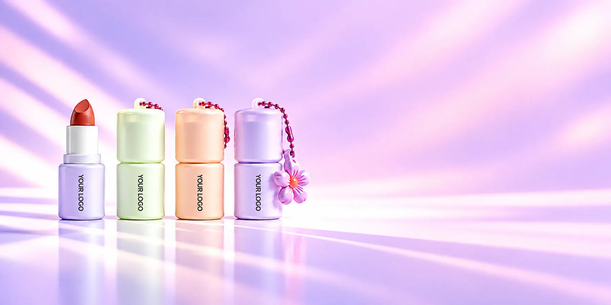 Private label lipstick in pastel green, pink and purple tubes with YOUR LOGO labels, floral charms and an exposed lipstick bullet.