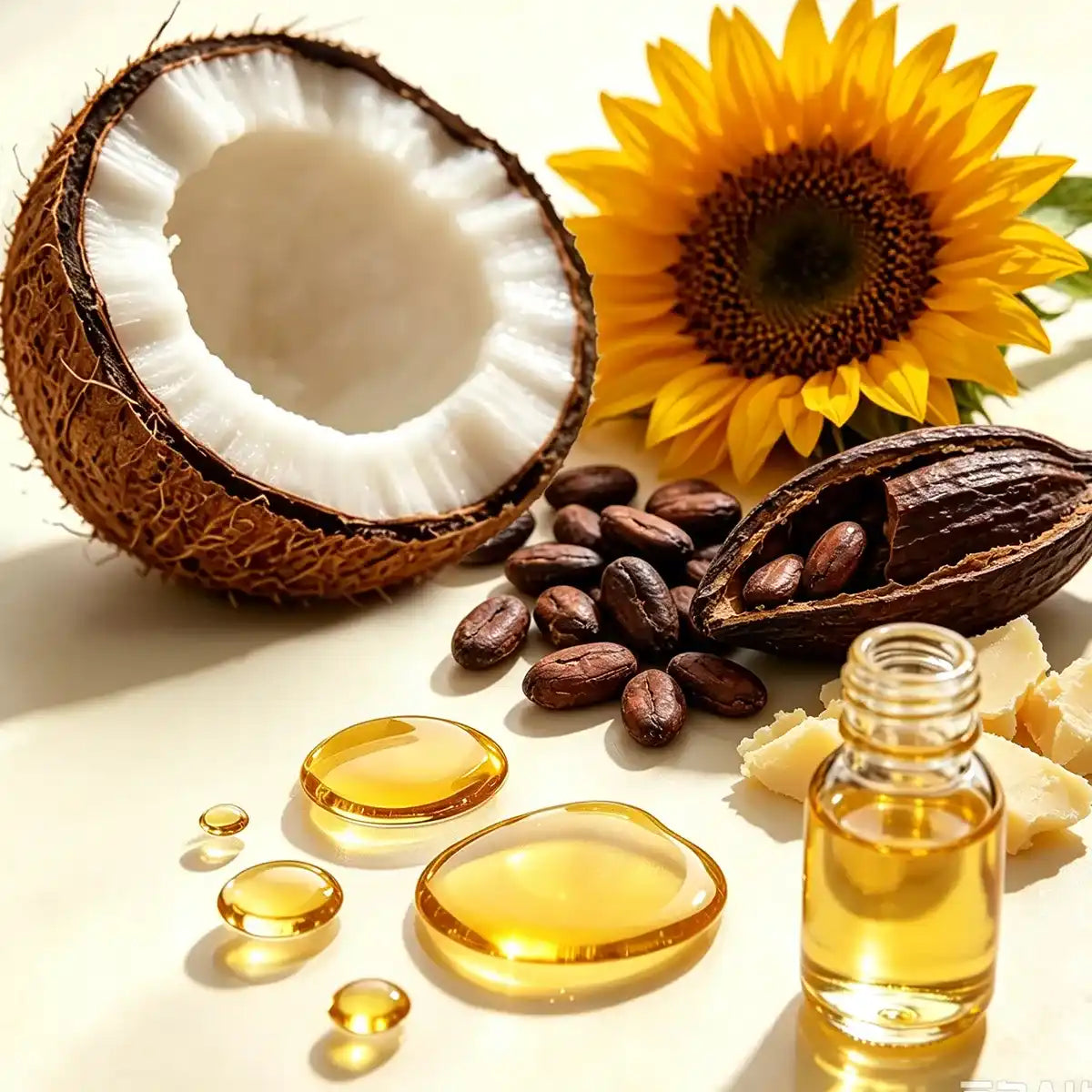 Coconut, sunflower, botanical seeds and oils representing organic-origin ingredients for a private label organic lip balm concept.