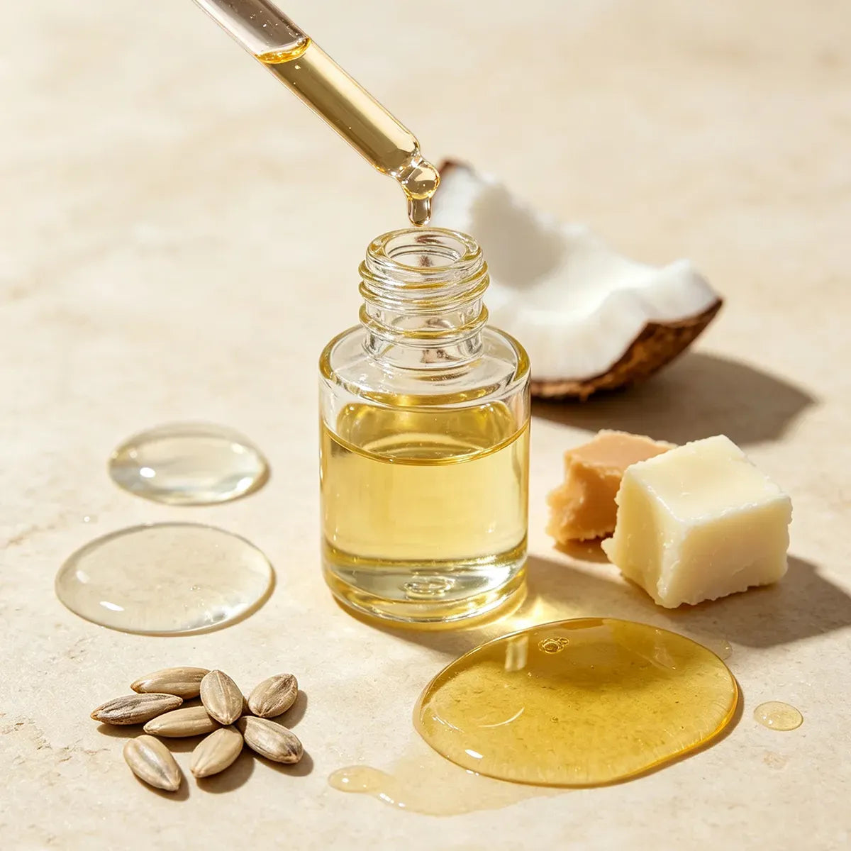 Coconut, plant butter and botanical oils evaluated for a private label organic lipstick formula.