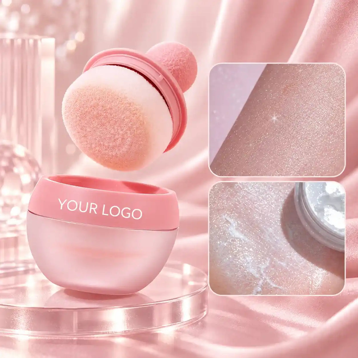 Private label powder highlighter in a pink jar with a rounded puff applicator and close-up shimmer texture details.