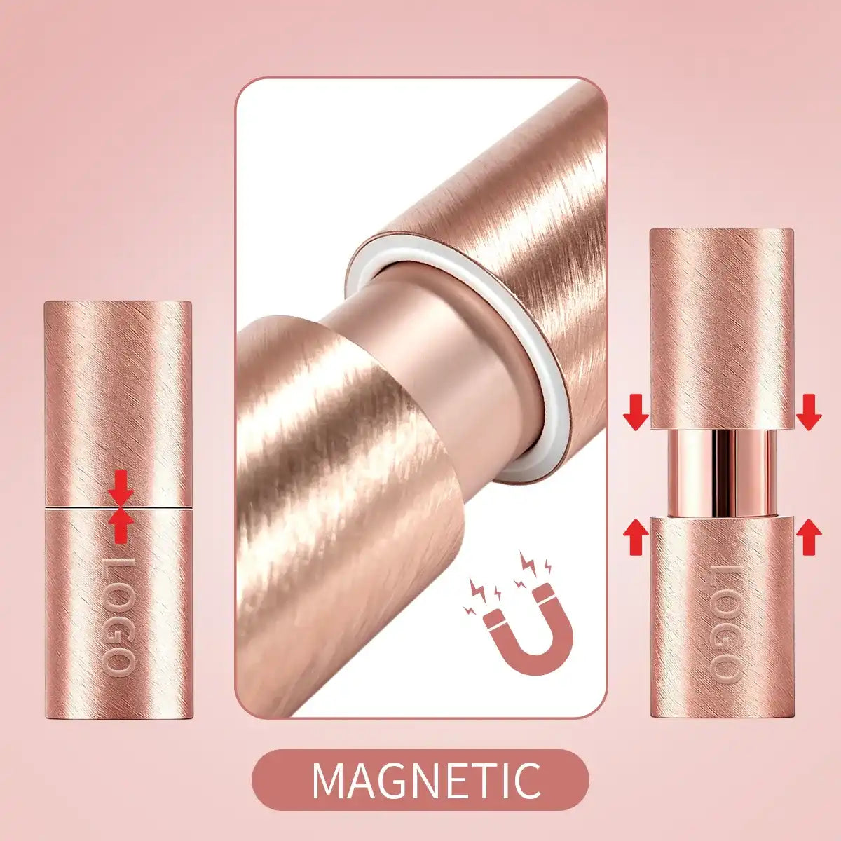 Magnetic connection for KAIYA refillable cosmetic containers securing the replaceable cartridge inside the aluminum case