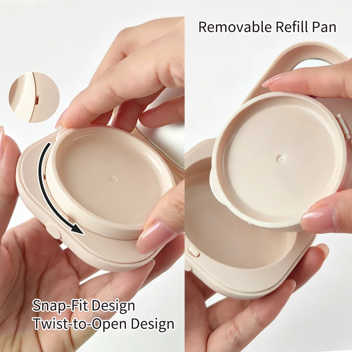 KAIYA refillable loose powder compact with removable refill pan and twist-to-open snap-fit design