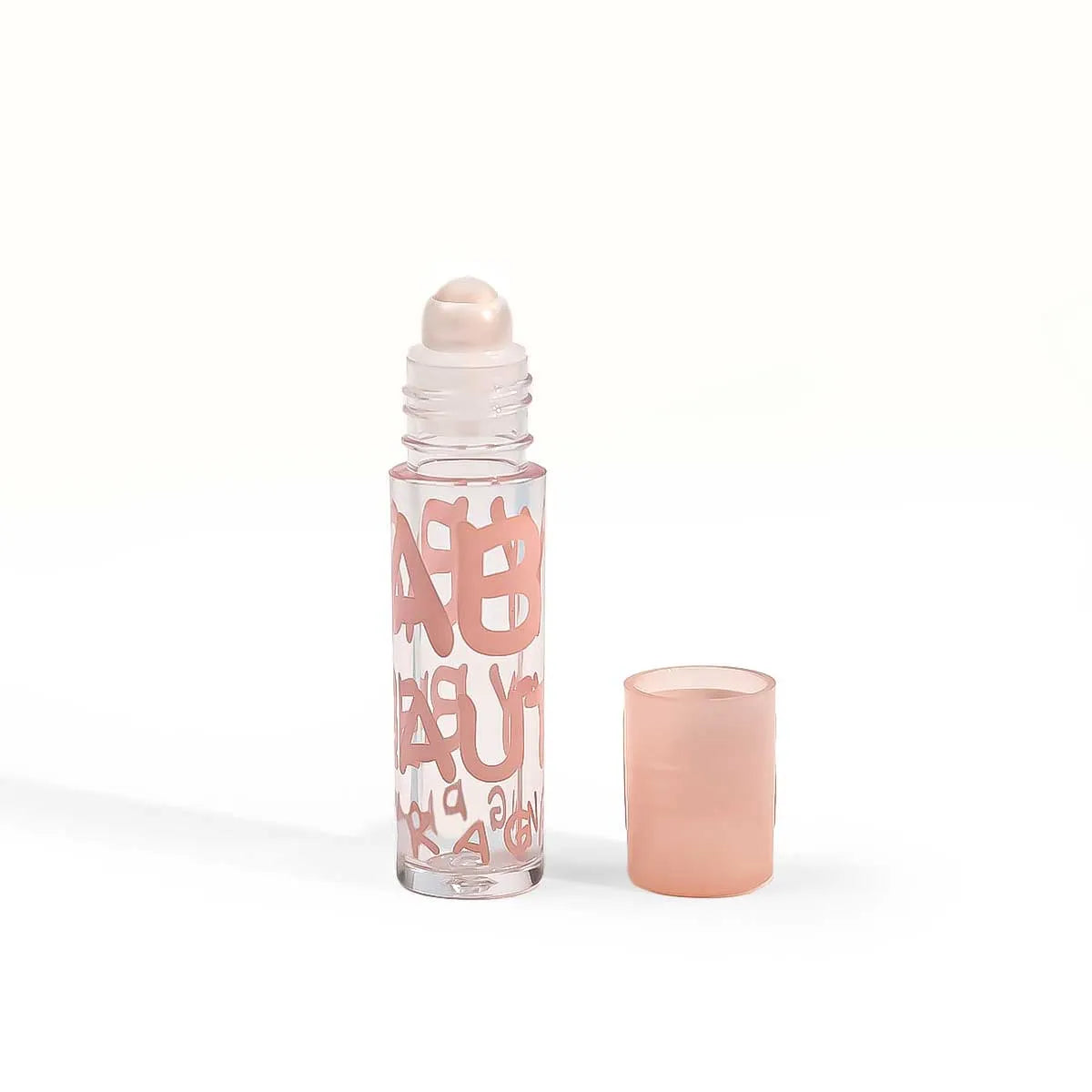 Kaiya roll on lip gloss containers and empty lip oil containers with clear tube packaging and soft pink cap for custom cosmetic packaging projects.