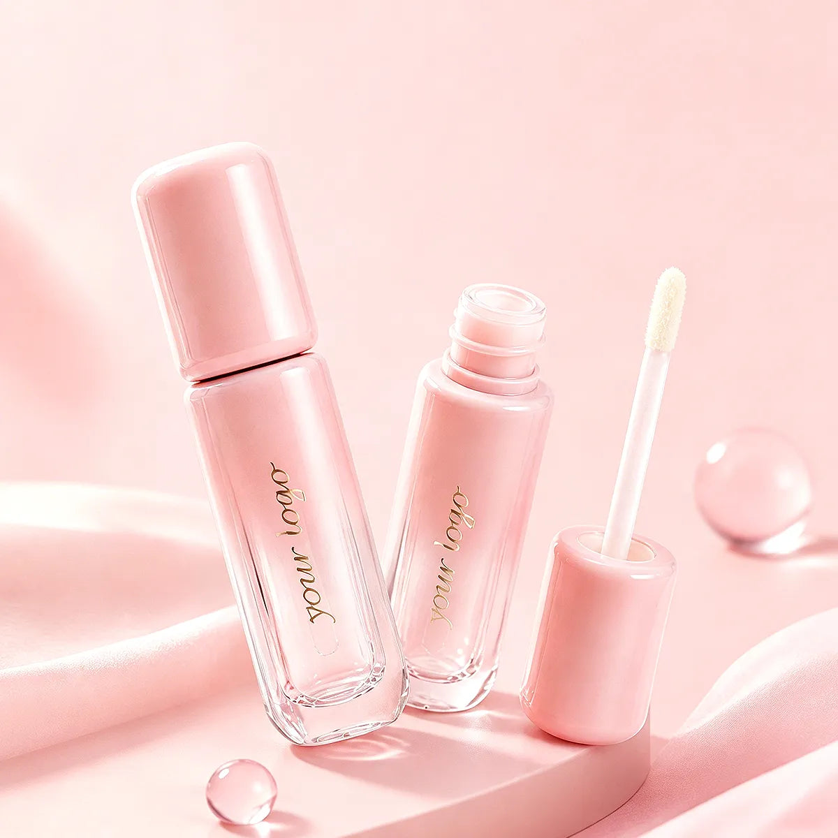 Round lip gloss bottles with pink caps and clear bodies for custom beauty brands