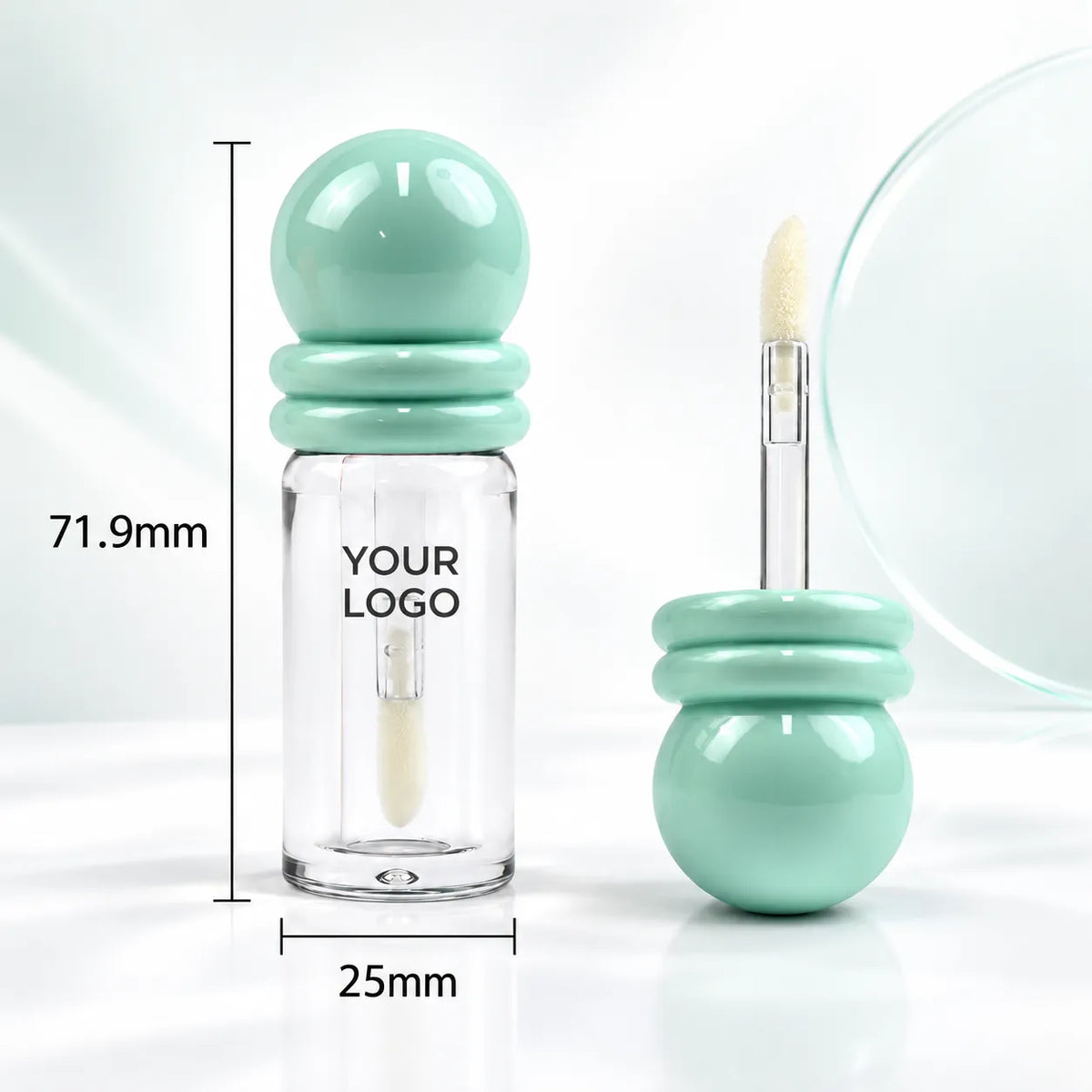 C27100 lip gloss container shown closed and open with dimensions of 71.9mm high and 25mm wide