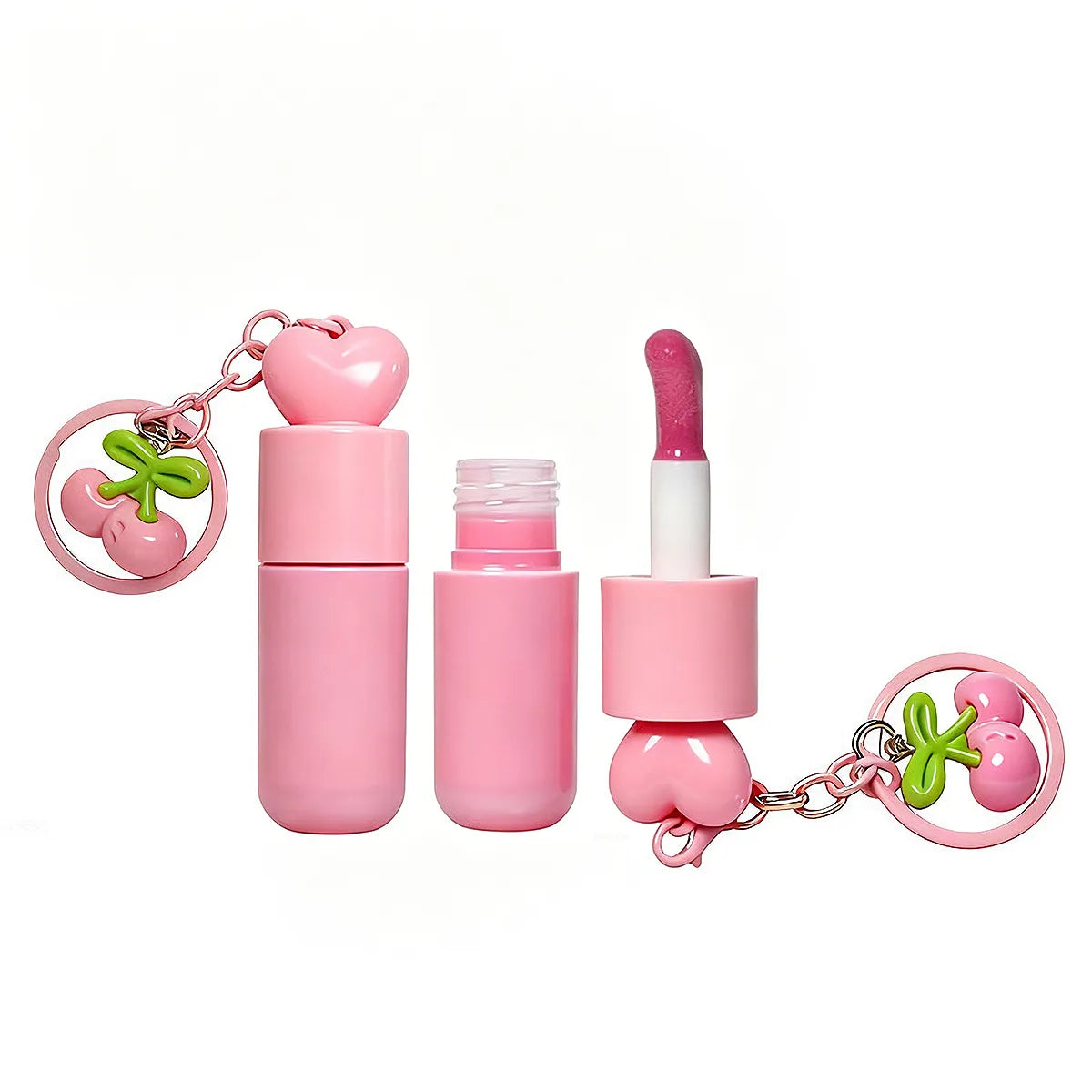 Kaiya round lip gloss containers with pink hanging charm accessories and a cute custom packaging design.