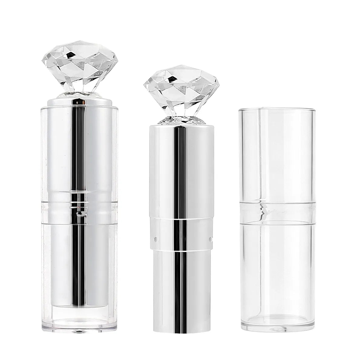 Kaiya silver lip balm tubes with clear caps and decorative top design for custom lip balm packaging.