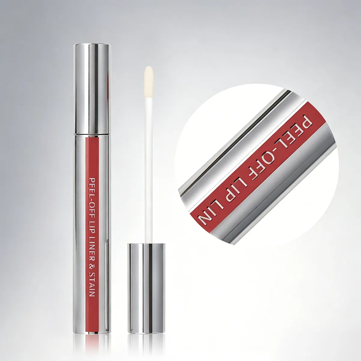 Kaiya silver lip gloss tube with silk screen printing, featuring custom printed artwork on metallic lip gloss packaging.
