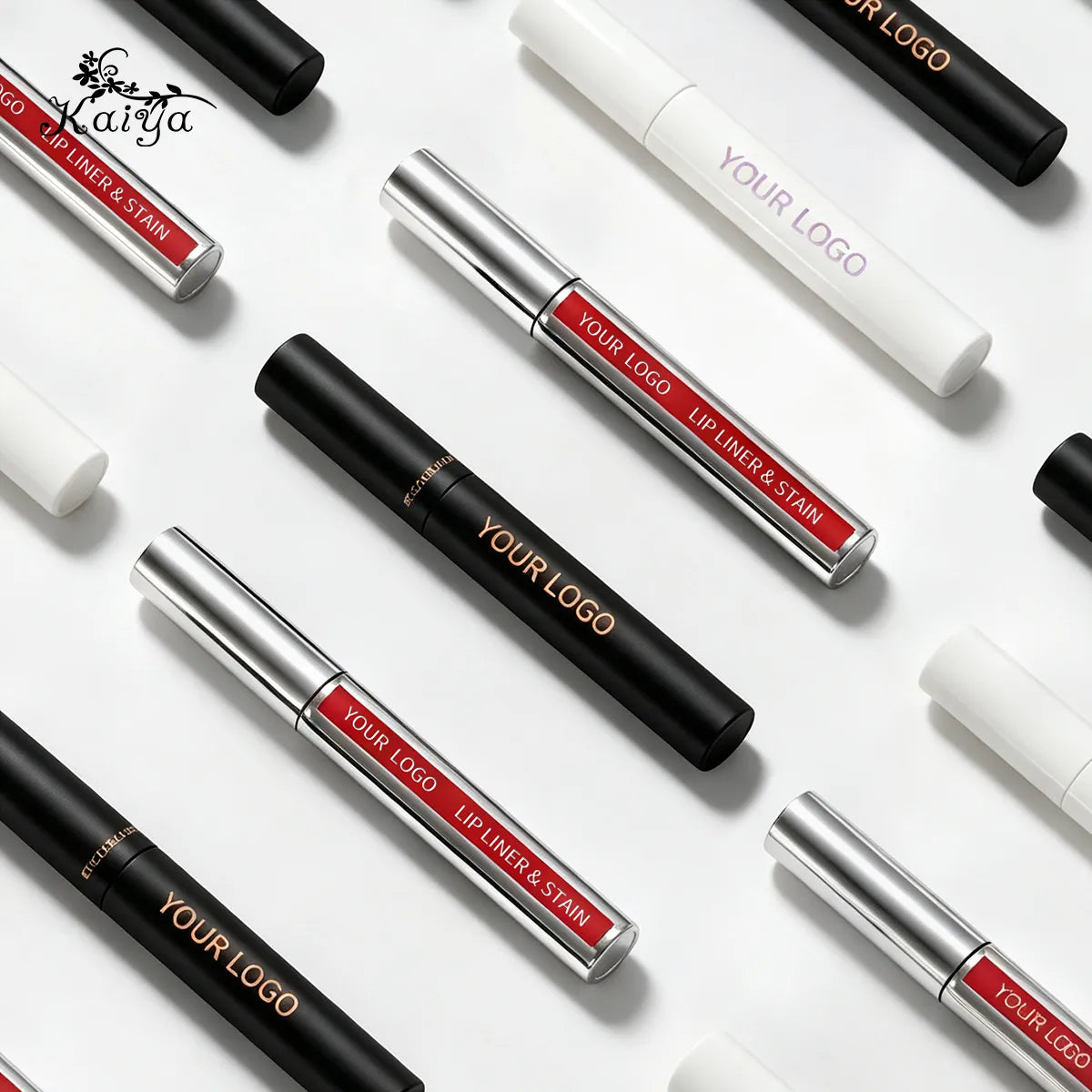 A67055 lip gloss tube collection arranged diagonally in silver, black and white with logo and printed design examples