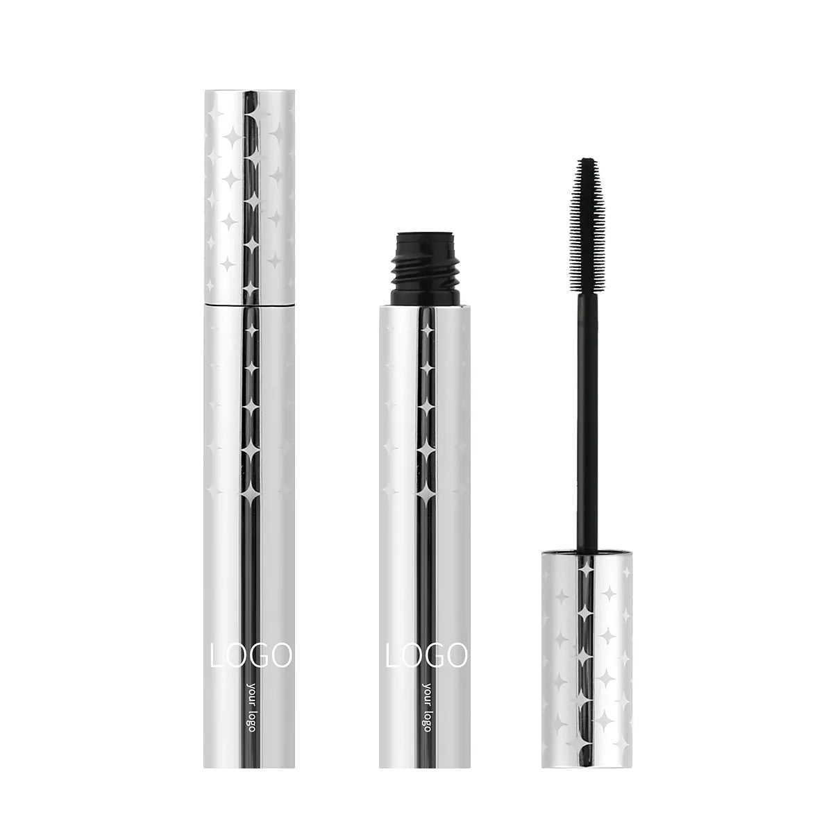 Kaiya silver mascara tube with vacuum metallized finish and slim brush applicator for custom mascara packaging.