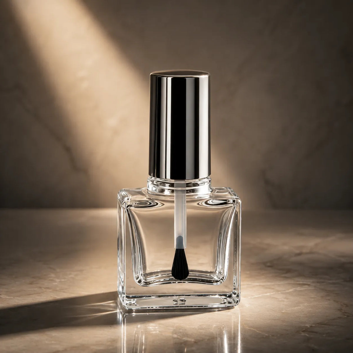 KAIYA silver nail polish bottle with clear square glass container, glossy silver cap and nail brush applicator