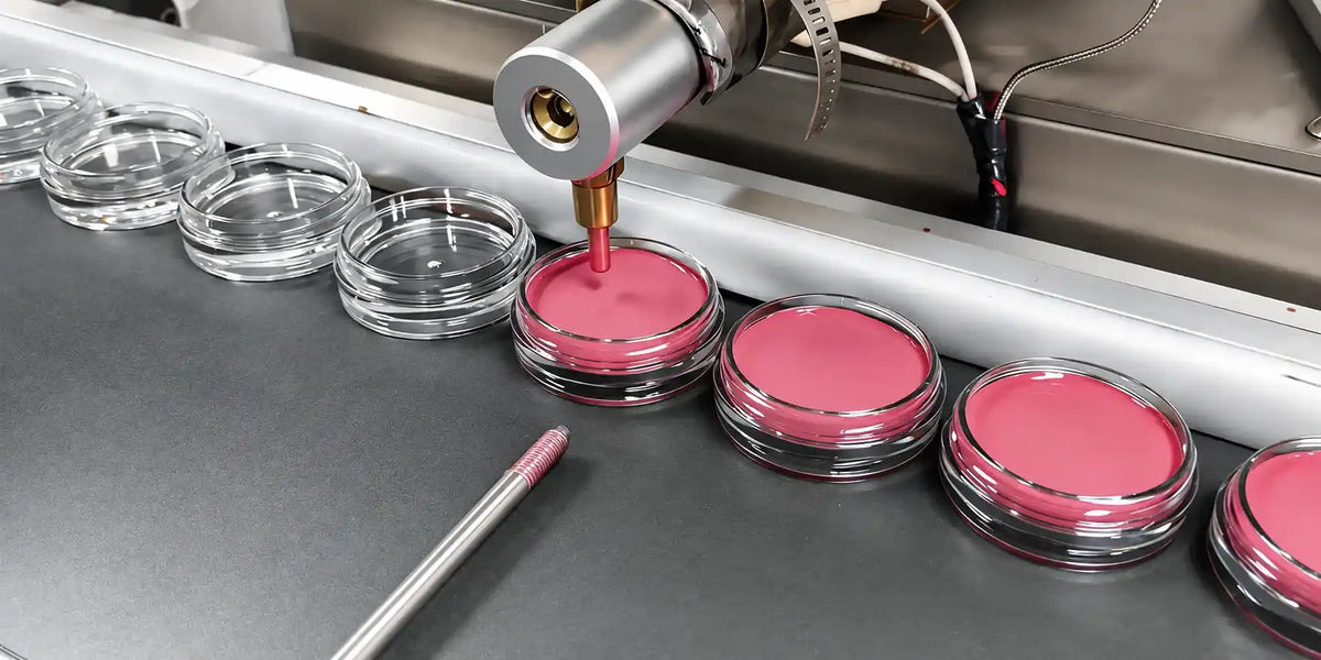 KAIYA turnkey cosmetics manufacturing showing automated filling of pink cosmetic formula into jars on the production line