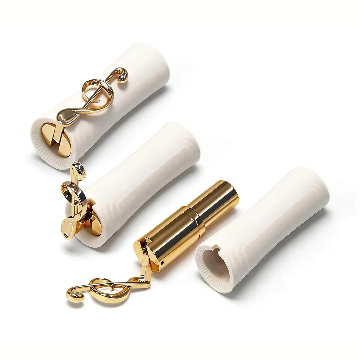 Unique Lip Balm Packaging with white ribbed tubes, gold inner parts, and decorative charm accents for custom lip balm brands.