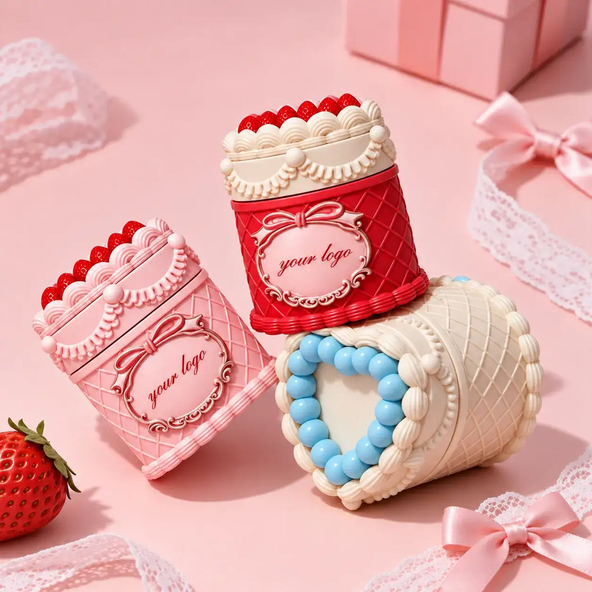 Unique lip gloss containers with cake-inspired molded shapes for distinctive cosmetic collections, Kaiya