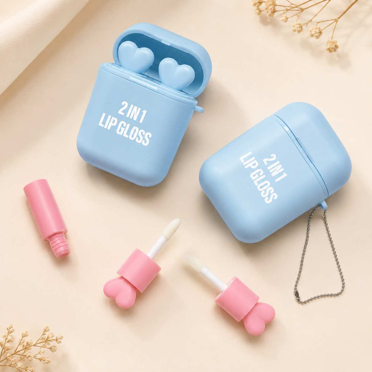 Unique lip gloss packaging with an earbud-case-inspired outer mold and two internal lip product components, Kaiya