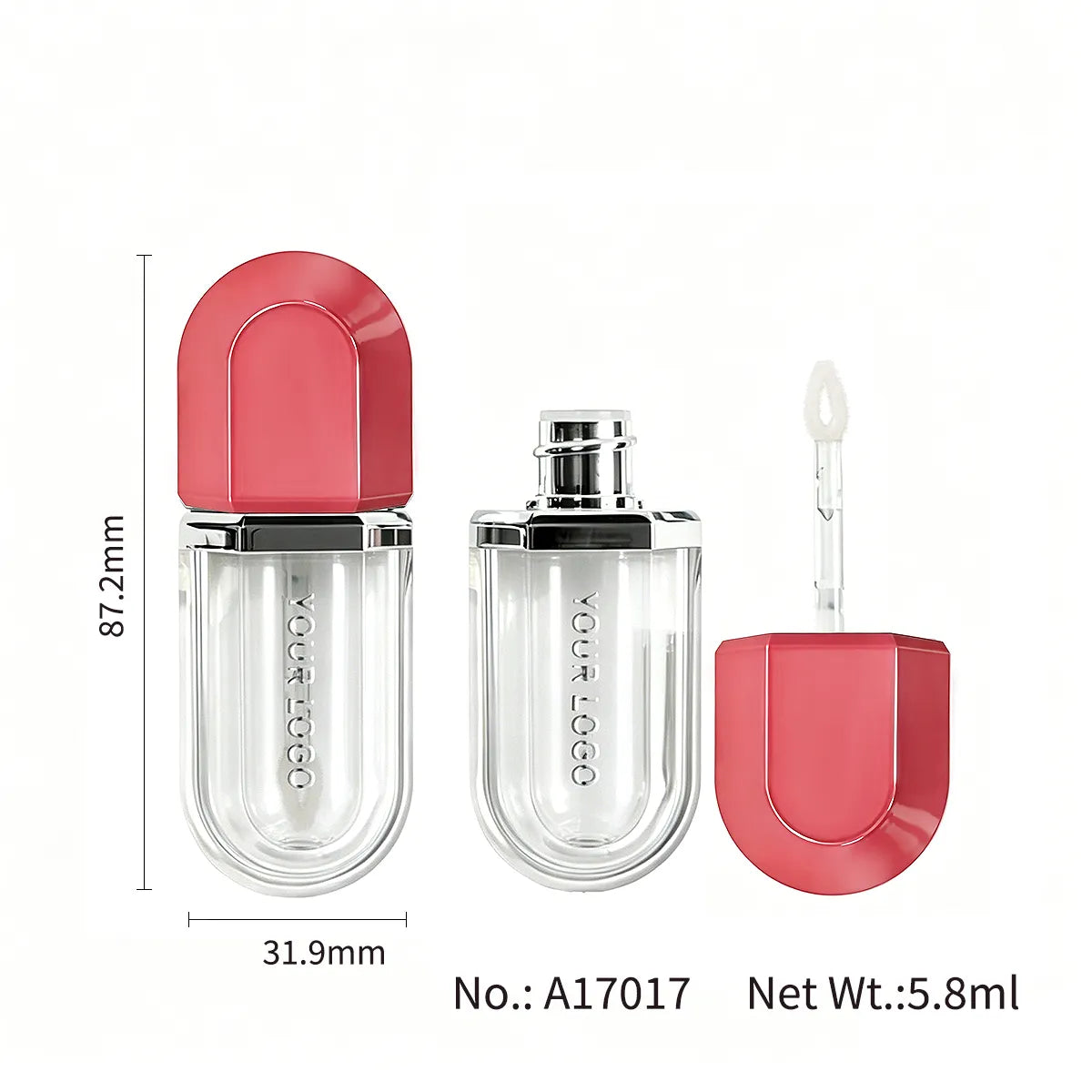 A17017 lip gloss tube with a red arched cap, shown with dimensions of 87.2mm high and 31.9mm wide